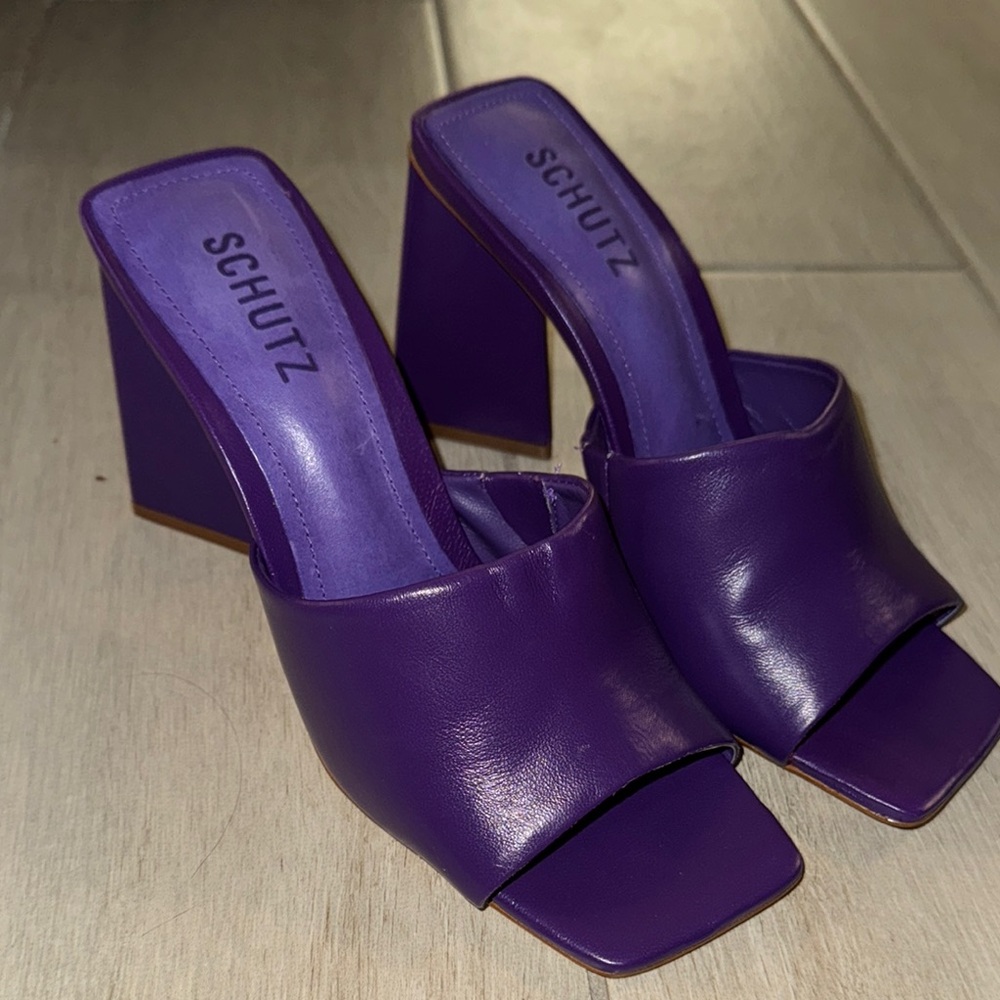 SCHUTZ Purple Mules with High Wedge Heel